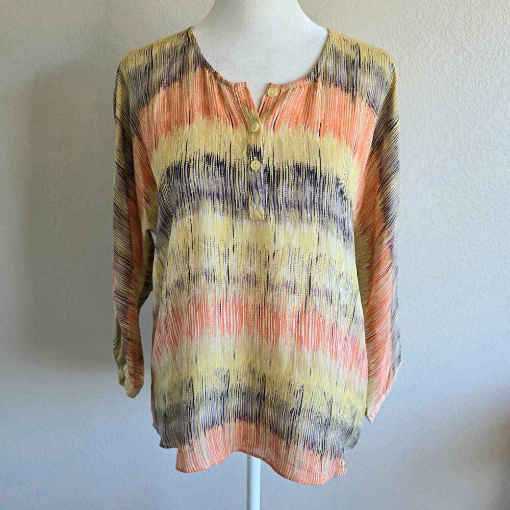 Parker Silk Blouse Orange Brown Artsy Abstract Stripe Popover 3/4 Sleeve Size S